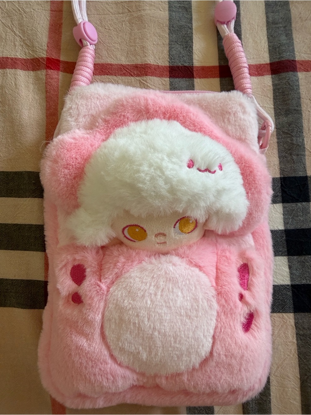Pink Plush Kids Crossbody Bag with Cute Character Face